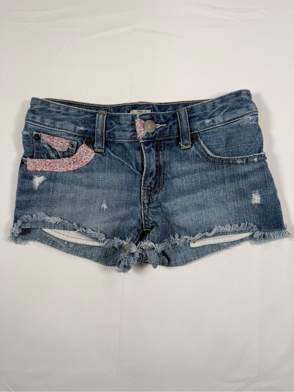 POLO RALPH LAUREN Girls Denim Cutoff Shorts 7 Distressed Floral Trim Boho Y2K